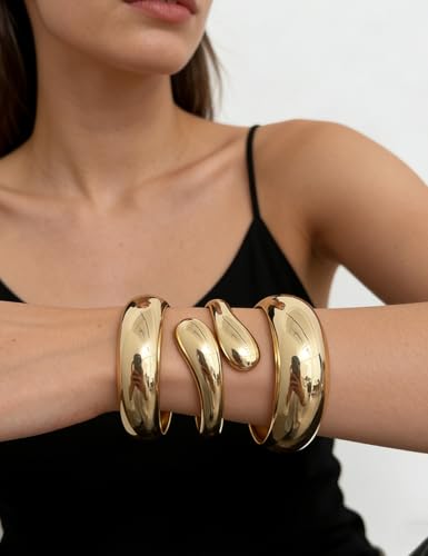 Image of Chunky Gold Bangle Bracelets for Women, Dainty 14k Gold Plated Big Stackable Bangles Set, Trendy Statement Cuff Bracelet Stack Fashion Jewelry Gifts