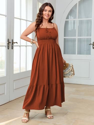 Image of SCOMCHIC Plus Size Summer Boho Dresses Spaghetti Strap Sleeveless Casual Sundress Smocked Flowy Slit Beach Maxi Dress