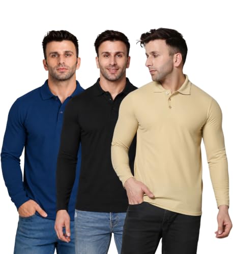 Image of INKKR Men's Soild Full Sleeve Polo Neck T-Shirt Combo