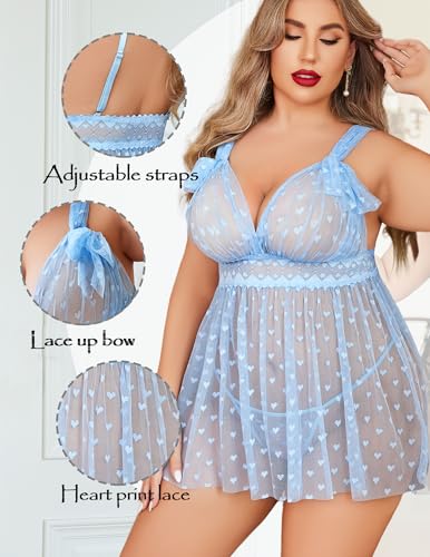 Avidlove Plus Size Lingeire for women Lace Babydoll Mesh Chemise Sexy Nightwear Sheer Nightie with Lace Up Bows L-4XL2