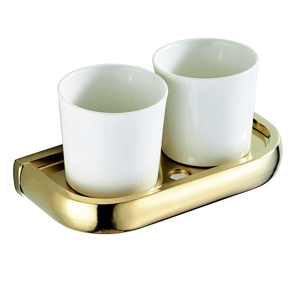 ALYHYB Portaspazzolino Doppio Set Portabicchieri a Parete con Due Bicchieri in Ceramica Bianca (Accessori da Bagno Dorati
