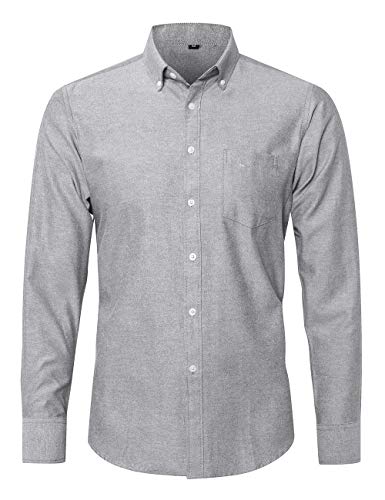Men's Slim Fit Casual Oxford Dress Shirt Banded Collar Long Sleeve Button Down Shirts with Pocket, Gray-3, Small