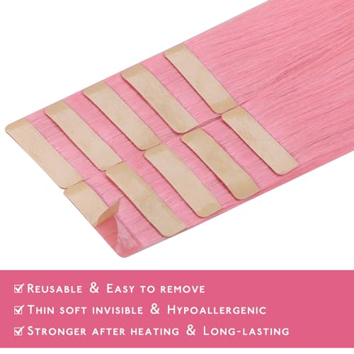 Image of WENNALIFE Tape in Hair Extensions, Human Hair Peach Pink, 10pcs 20g 10 inch Remy Invisible Tape, Straight Colored Soft Real Human Hair Refill Set