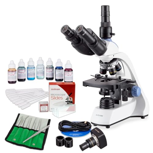 AmScope Exceptional Bundle Savings! 40X-2500X LED Trinocular Compound Microscope with 3D Two-Layer Mechanical Stage, 5MP Digital Camera and Vital Stain Kit for Living Cells