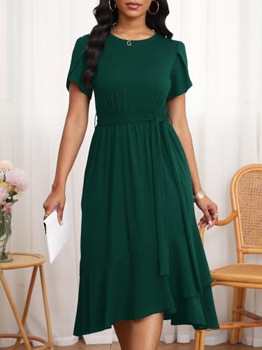 Image of PerZeal Women's Summer Dress Casual Ruffle Sleeve Crewneck A-Line Tiered Flowy Short Sleeve Long Dress with Belt