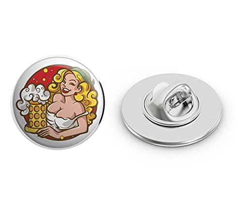 Busty Blonde German Oktoberfest Beer Girl Cartoon Icon Round Metal 0.75