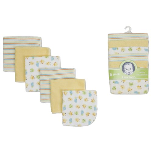 GERBER Boys and Girls Newborn Infant Baby Toddler Soft Bath Woven Washcloth 6-Pack, Yellow/White/Stripe/Ducks, 6-Pack