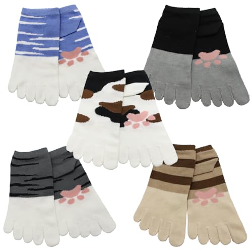 Image of Japanese Cat Design Toe Five Finger Socks (Set of 5 Pairs) Athletic No Show Split Toe Socks Colorful