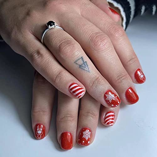 Christmas Press on Nails Short Square Fake Nails Red Glossy Glue on Nails White Snowflake Acrylic Nails Full Cover Short Christmas Nails for Women 24PCS