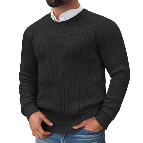 Mens Crewneck Cable Knit Pullover Sweater Slim Fit Lightweight Twist Patterned Soft Cotton Material for Casual