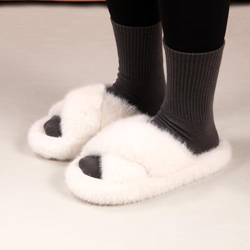 Women's Fuzzy Slippers House Slippers Memory Foam Bedroom Shoes Open Toe, Cross Band2