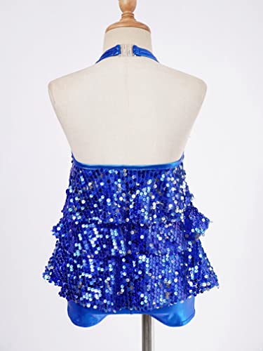 Jeatha Kids Girls Sleeveless Shiny Sequins Halter Tassel Mini Dress Latin Jazz Salsa Samba Rumba Dance Costumes Royal Blue 10 #TOP4