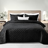Exclusivo Mezcla Soft Quilt Set King Size, 3 Pieces Lightweight Quilts Black Bedspreads Coverlets Bedding Set for All Seasons, Grid Pattern
