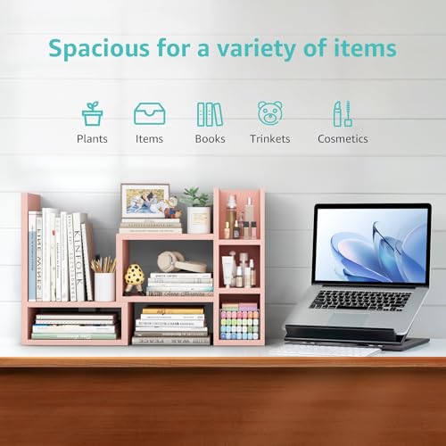 Image of NUTIKAS Desk Shelves Desktop Organizer Shlef - Pink Office Organization for Top of Desk Organizers and Accessories Corner Bookshelf Table Top Shelving Small Hutch Decorations for Office