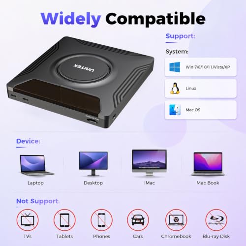 Image of Unitek External CD DVD Drive for Laptop, 7 in 1 USB C Disc Reader with SATA