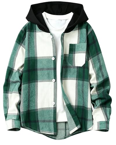 Image of Boys Girls Flannel Shirts Plaid Hoodies Fall Fashion Button Down Shirts | Long Sleeve Shirts Hooded Lightweight Jacket, Perfect for School Mornings, Leaf Piles,Camping, Bonfires, Weekend Adventures