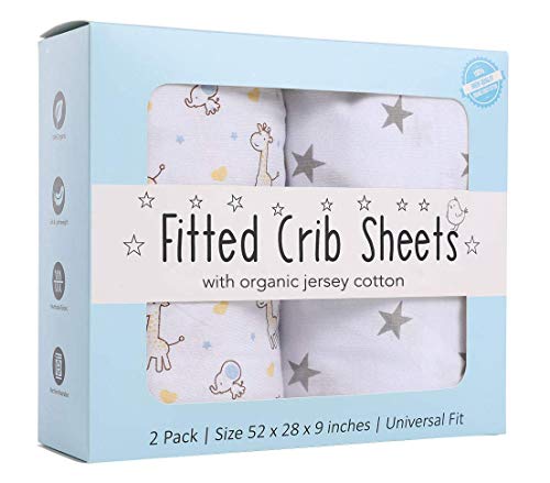 Mosa Creations Fitted Crib Sheets Set | 2 Pack | 100% Organic Jersey Cotton | Unisex Star and Animal Print Nursery Bedding Sheets for Baby Boy or Girl