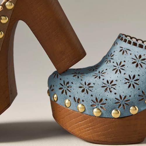 FOWT Women Studded Closed Round Toe Floral Cut Out Backless Platform Mules Chunky Super High Heel Slip on Stylish Dress Club Slide Sandals Size 4-16 US3
