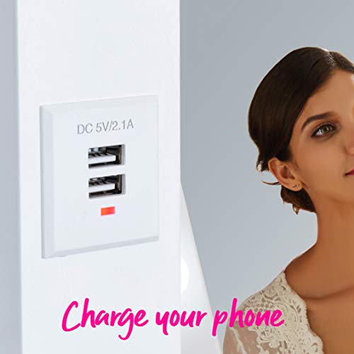 Hollywood Vanity Mirror with 2 Plug Sockets & 2 USB Ports LED Dimmer Light Bulbs, for Dressing table or Wall Mounted Table Top for Makeup White Beverley HW02 65(H) x80(W) x6.5(D) cm