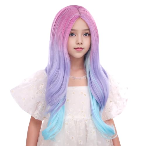 Image of Rainbow Wig for Kids Long Colorful Middle Part Wig for Girls Multi-color Wavy Curly Wigs for Children Purple Pink Wigs Heat Resistant Synthetic Hair with Cap