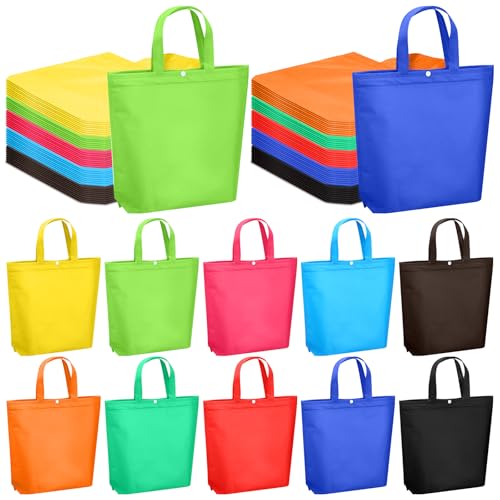 Paterr 100 Pcs Reusable Grocery Bags Bulk Shopping Tote with Handle Non Woven Portable Foldable Tote Bag Gift with Button(Medium Plain Multicolor)