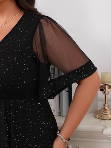 Floerns Women's Plus Size A Line Dress Mesh Short Sleeve V Neck Flared Glitter Ribbed Knit Party Cocktail Dresses4