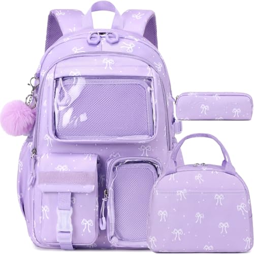 Kimwadalh Girls Backpack for School, 3 in 1 Purple Kawaii Ita Backpack with Lunch Bag & Pencil Case, Aesthetic Laptop School Bag for Middle High College School