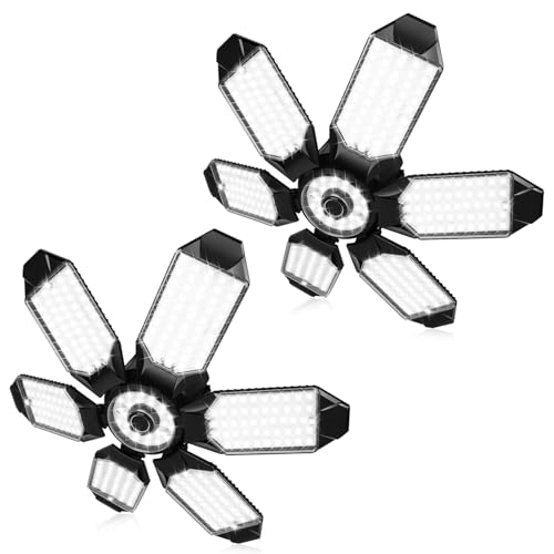 LED Garage Light 2Pack, 200W 20000LM 6500K Daylight LED Garage Ceiling Light with 6+1 Deformable Panels Compatible for E26/E27 Garage Light Socket, Led Shop Light for Basement Workshop Warehouse