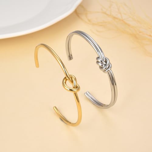 2pcs Stainless Steel Tie Knot Cuff Bangle for Women,Thin Wire Open Bangle Twist Knot Bridesmaid bracelet with 14k Real Gold Plated4