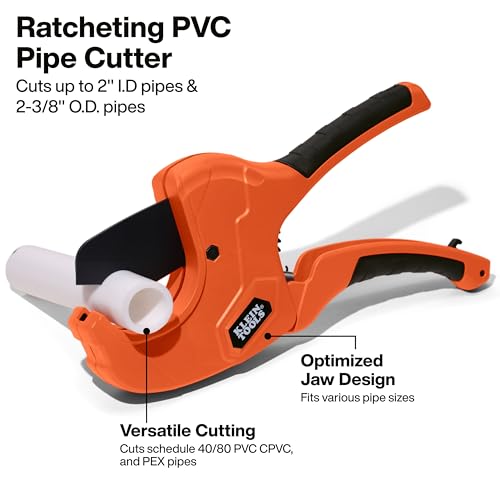 Image of Klein Tools 50080 Ratcheting PVC Pipe Cutter, Cuts 2-Inch ID PVC, CPVC, PEX Pipes, One-Handed Operation, Replaceable Blades