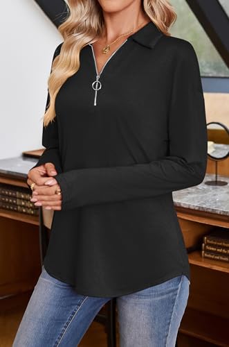 Halife Women's Collared Long Sleeve Shirts Business Casual Dressy Blouse Shirt Tunic Half Zip V Neck Work Tops Blouses4