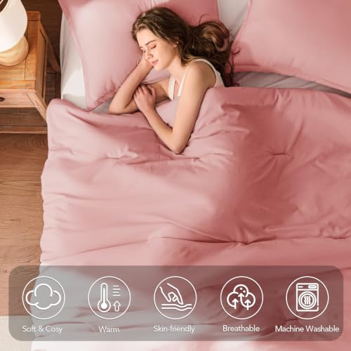 Image of Quataly Oversized Queen Comforter Set Prewashed Lightweight Quilted Bedding | 3PCS Peach Pink Breathable Down Alternative Bedding Set with 1 Solid Comforter (98 inchx98 inch) and 2 Soft Pillowcases