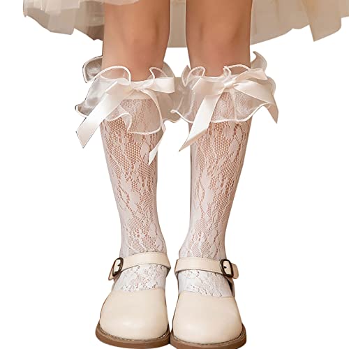 Socks,Kids Girls Mesh Knee High Socks Sweet Organza Ruffle Trim Cute Bowknot Rose Floral Lace Calf Stockings