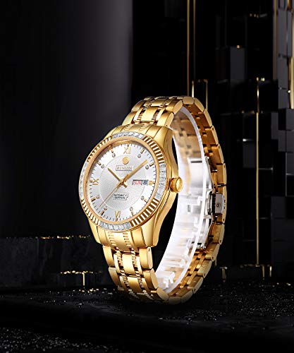 Image of BINLUN Men's Automatic Gold Watches 18K Gold Plated Diamond Mechanical Watch Waterproof Stainless Steel Skeleton Wrist Watch for Men