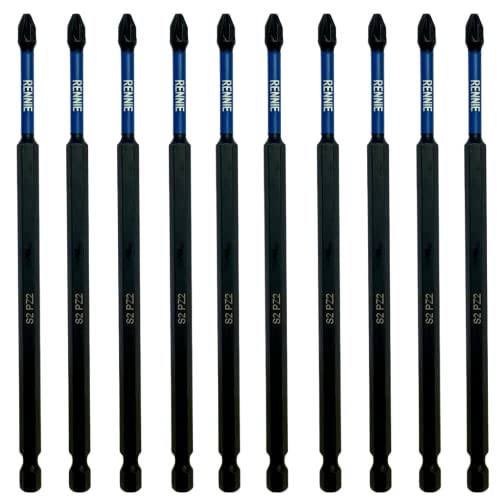 Rennie Tools Lot de 10 embouts de tournevis à percussion PZ2 150 mm de long PoziDriv PoziDriv No.2 magnétiques Embouts de tournevis à percussion PZ2 Accessoires de vis Pozidrive Revêtement oxyde noir