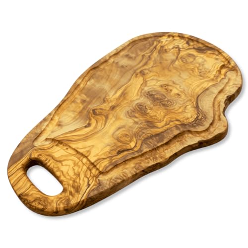 Küchenmaster Tabla de cortar de madera de olivo con mango y surco para jugo | 42 cm | Tabla de madera para servir carne | Tabla de cortar de madera higiénica antibacteriana