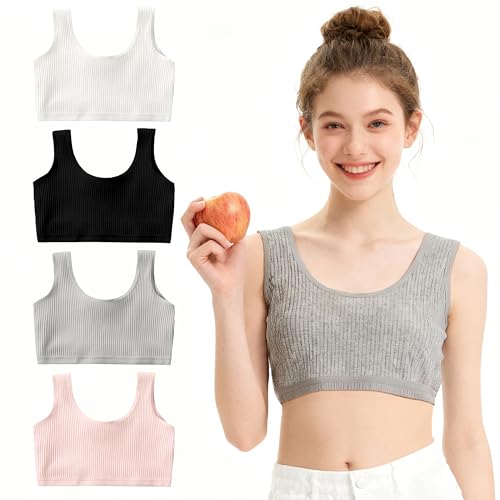 CATMEYE Pack de 4 Tops Sujetador para Niñas,Sin Relleno y Sin Aro, Mezcla Suave de Algodón/Spandex, Camisetas Interiores Cómodas para Chicas Adolescentes (4pcs)