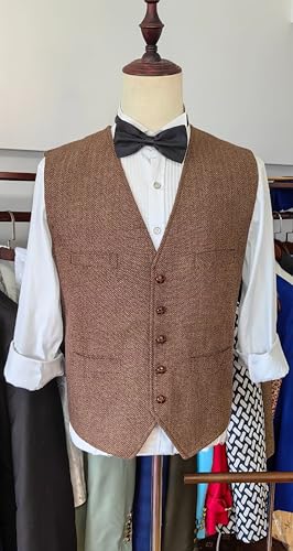 Men's Suit Vests Wool Tweed Vest V Neck Slim Fit Waistcoat Formal Business Retro for Wedding2