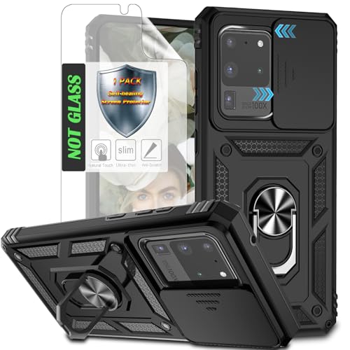 AYMECL for S20 Ultra Case with Slide Camera Cover 1Pcs Self-Healing Screen Protector Heavy Duty Shockproof Protective Case with Rotated Ring Kickstand for Samsung Galaxy S20 Ultra 5G Inky Black