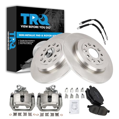Image of TRQ Rear Brake Pad and Rotor Set Semi Metallic Solid Rotors Calipers Compatible with 2015-2018 Ford Flex Lincoln MKT
