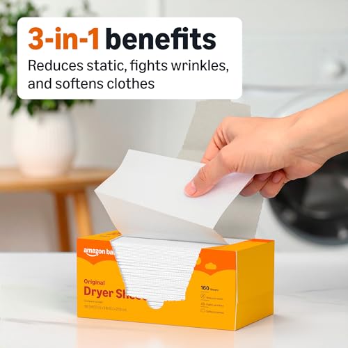 Image of Amazon Basics Dryer Sheets Laundry Fabric Softener, Original Scent, Reduces Static, Fights Wrinkles, 160 Count