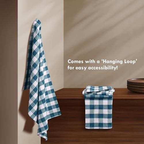 Image of Gingham Checked Kitchen Dish Towels 12 Pack, 18 inchx26 inch, 100% Cotton, Quick Dry Wash Rags, Reusable Dishcloths Set, Machine Washable, Absorbent Hand Towel - Teal Green, White