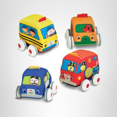 Melissa & Doug K’s Kids Pull-Back Town Vehicle Set – Baby Toys Set with 4 Soft Toy Cars and Trucks, Surface Washable with Removable Wheels, Learning Toys for Babies and Toddlers