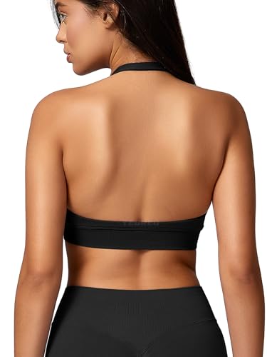 YEOREO SoftHue Women Halter Sports Bra Workout Seamless Padded Basic Bra Open Back Yoga Gym Crop Top