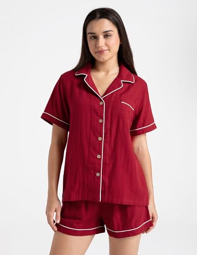 Image of Womens Muslin Pajama Sets 100% Cotton Double Gauze Linen Like Short | Breathable Soft Comfort Button Up Loungewear Sleepwear PJ Set