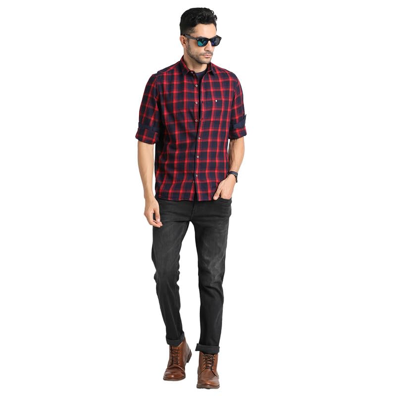 Image of Turtle Men 100% Cotton Indigo Navy Blue Checkered Slim Fit Full Sleeve Casual Shirt