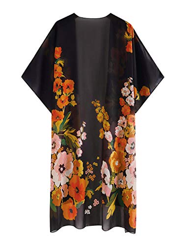 Dauveg Quimono feminino longo de chiffon cardigã Boho floral 0 caneta capa frontal xale, 1 preto, S