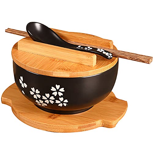 Japanese Cuisine Bowl (6.3 by 3.15 Inches) Set with Wooden Lid, Soup Spoon, Wooden Chopsticks, Bamboo Tray, Ceramics Sakura Ramen bowl, Ceramic Instant Noodle Bowl, Salad Bowl Soup Bowl Rice Bowl