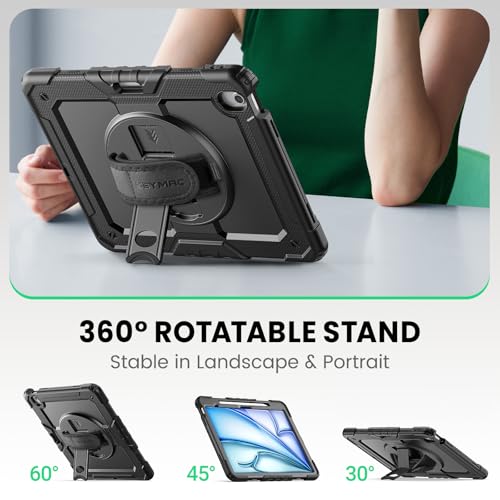 Image of SEYMAC for iPad Air 13 Inch Case M4 / M3 / M2 (2026 /2025 / 2024), Heavy Duty Shockproof Protective Case with Screen Protector, 360 Rotating Stand, Hand /Shoulder Strap and Pen Holder, Black