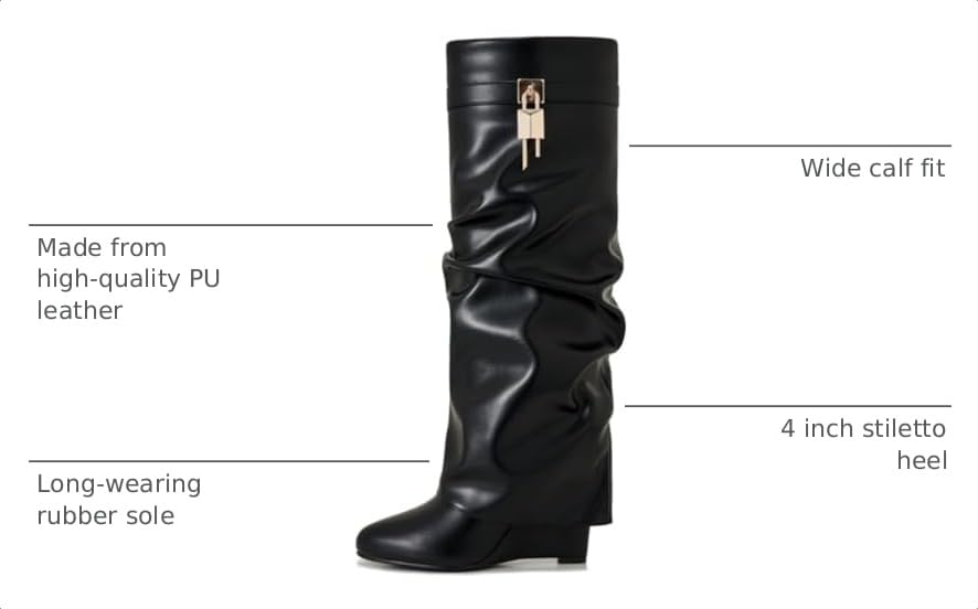 Image of Fold Over Boots for Women Pointy Pull-on Wedge Heel Knee Shark Boot With Side Zipper Padlock Design